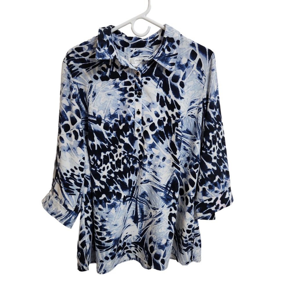 CJ Banks Collared Tunic Blouse Blue Tie Dye 3/4 Sleeves Size X or 14W